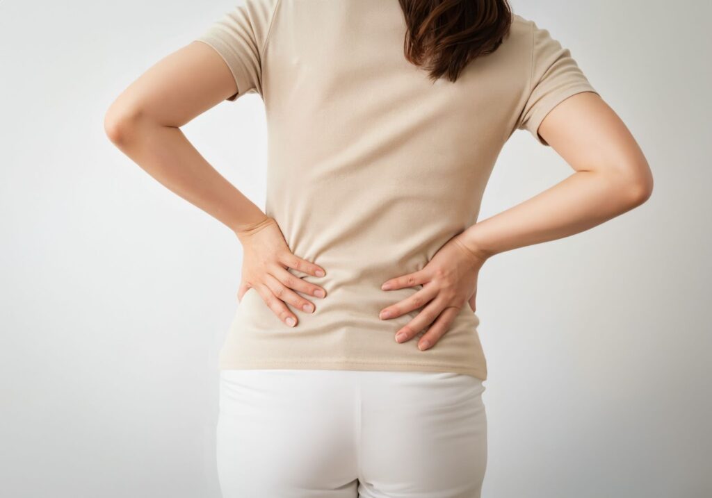 立ちっぱなしで腰が痛む女性の後ろ姿