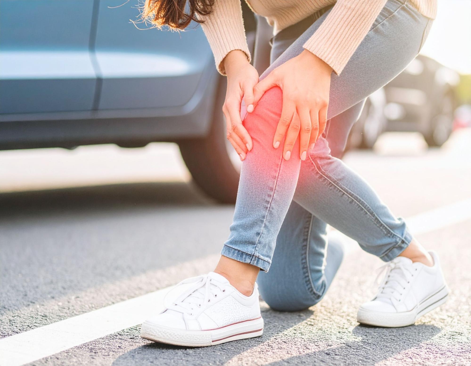 交通事故で膝を負傷した女性の足元