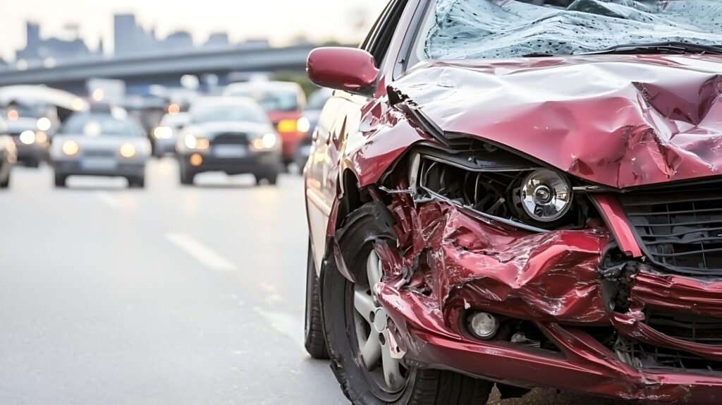 交通事故によってフロントまわりが潰れた赤い車